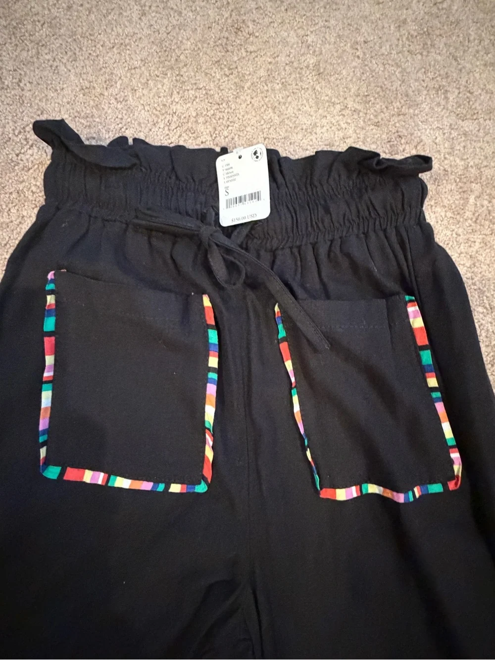 NWT new small free people pastiche Tina linen pants Black multicolor trim